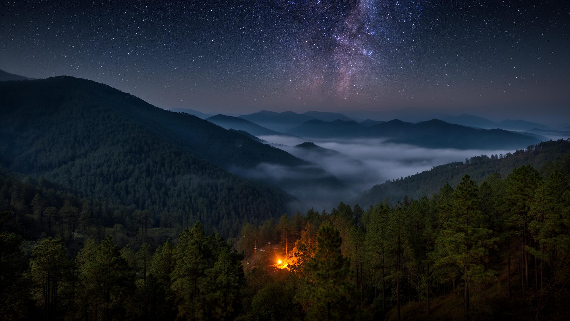 Mountains and pine forests of Northeast India under starry skies