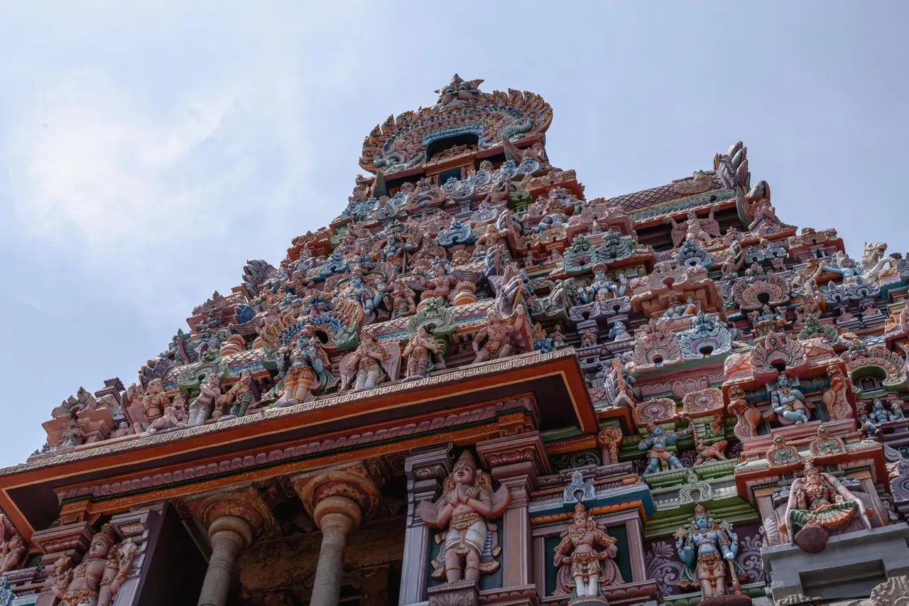 Stunning view of the vibrant gopuram at Sri Ranganathaswamy Temple in Tiruchirappalli, India.